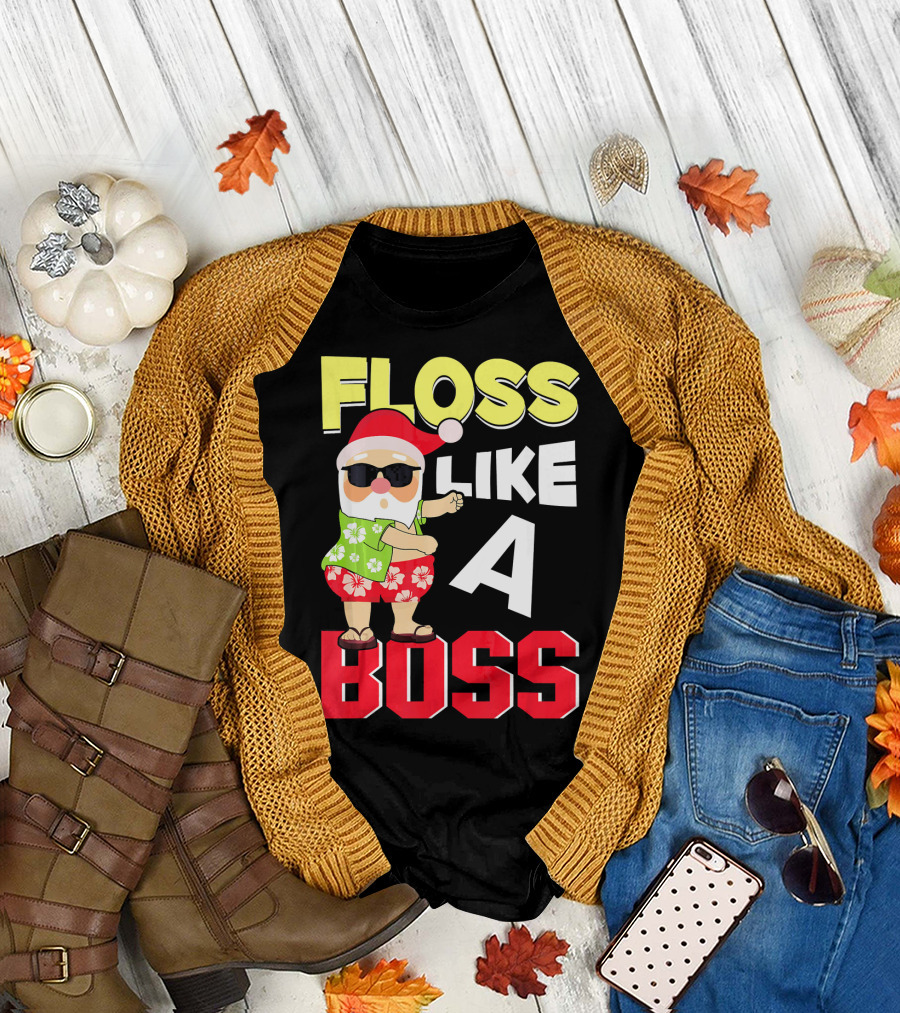 Floss Like A Boss Flossing Santa in Hawaiian Shirt and Sunglasses T-Shirt