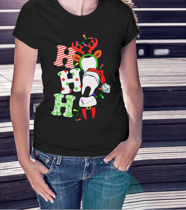 Ho Ho Ho Funny Santa Teeth Christmas Lights Reindeer Antlers T-Shirt
