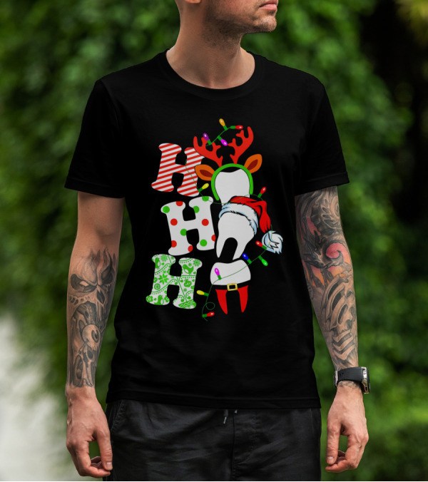 Ho Ho Ho Funny Santa Teeth Christmas Lights Reindeer Antlers T-Shirt