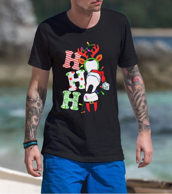 Ho Ho Ho Funny Santa Teeth Christmas Lights Reindeer Antlers T-Shirt