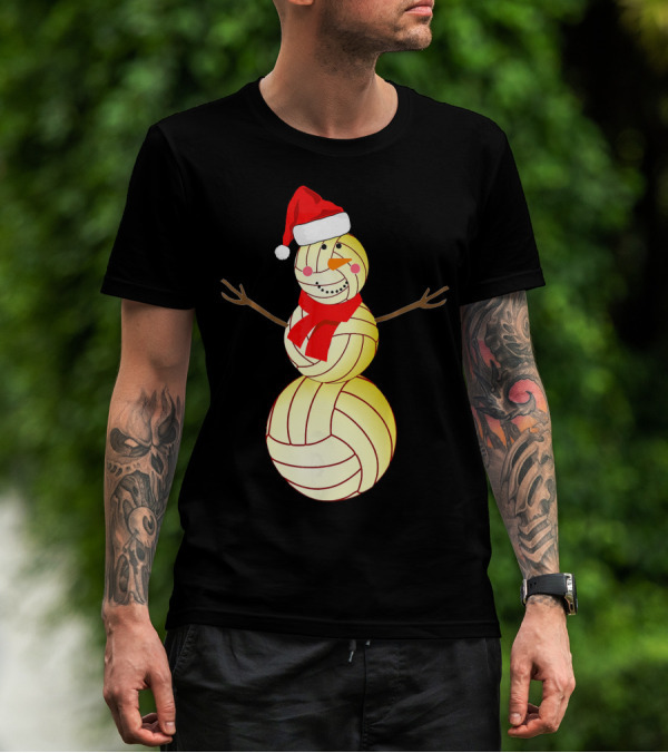 Funny Volleyball Snowman With Santa Hat And Scarf T-Shirt