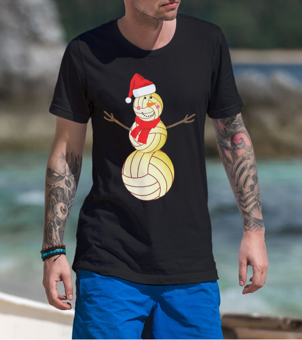 Funny Volleyball Snowman With Santa Hat And Scarf T-Shirt