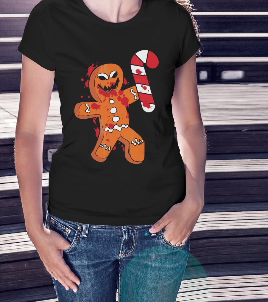 Christmas Horror Scary Gingerbread With Bloody Candy Cane T-Shirt