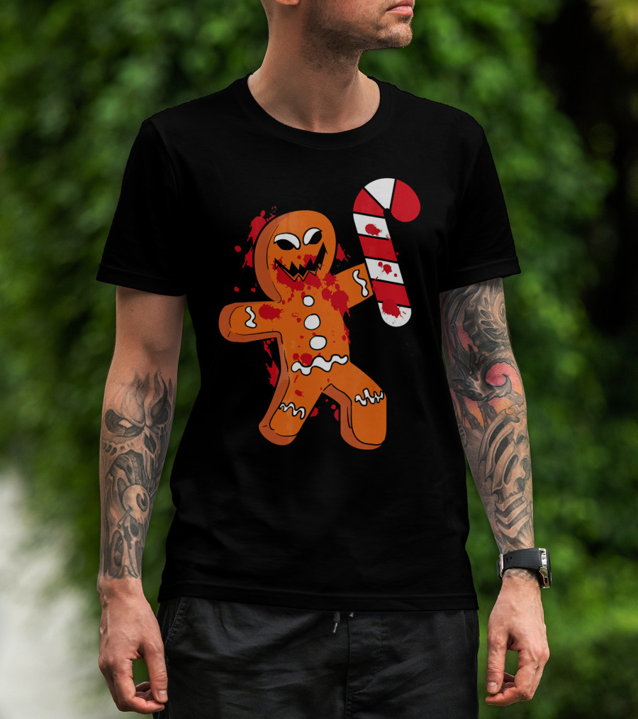Christmas Horror Scary Gingerbread With Bloody Candy Cane T-Shirt