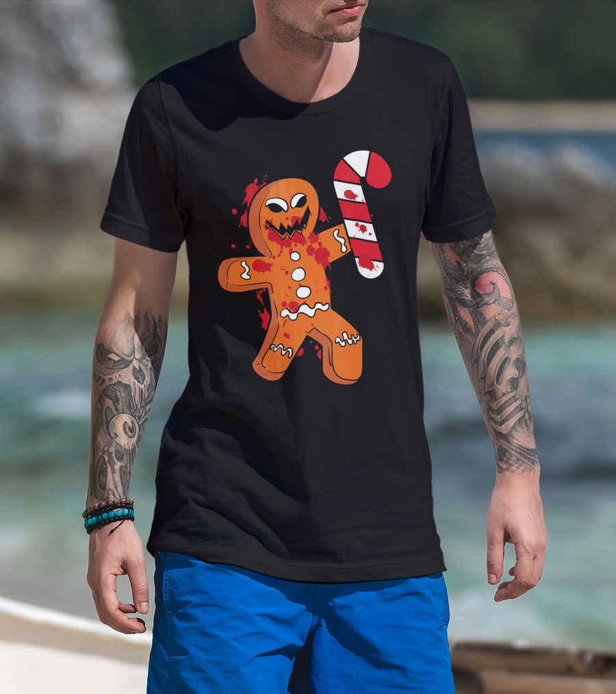 Christmas Horror Scary Gingerbread With Bloody Candy Cane T-Shirt