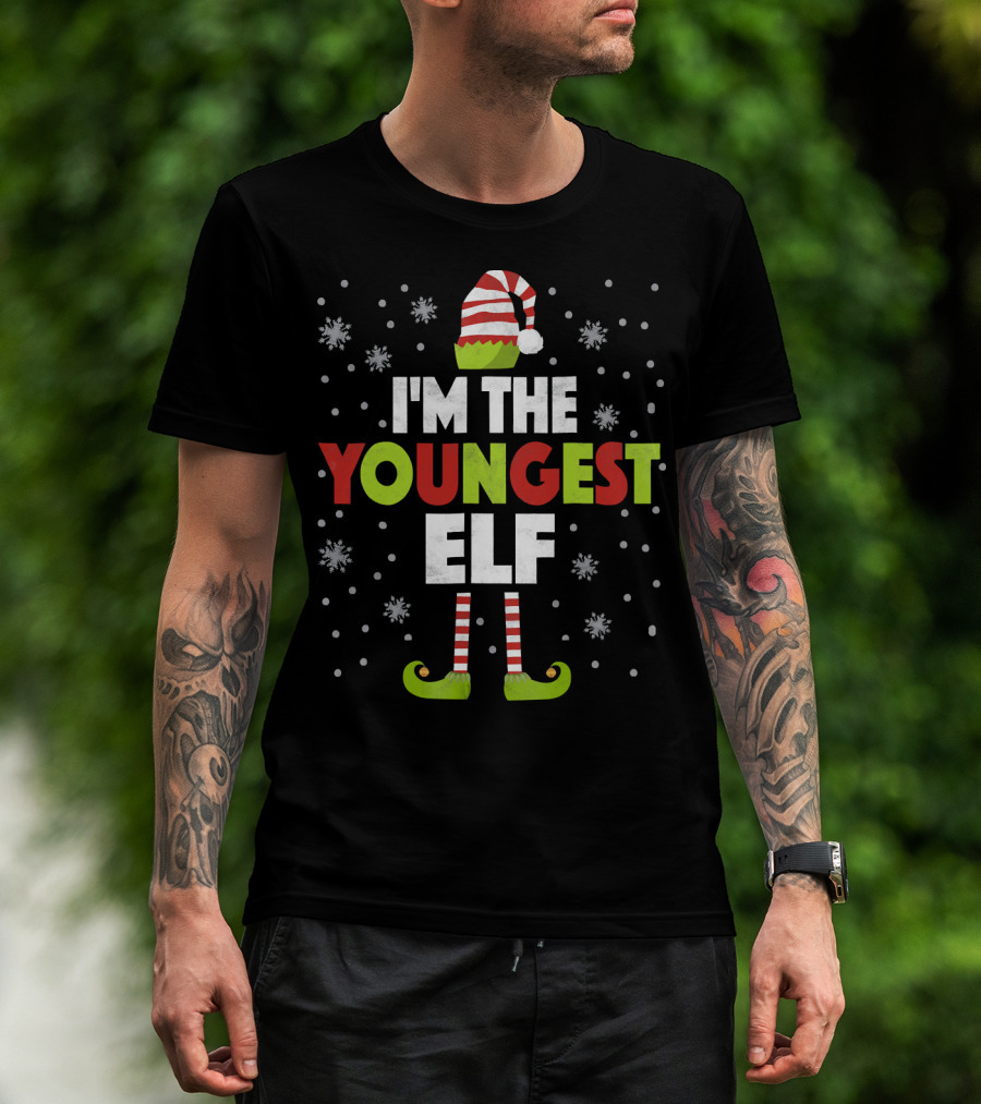 I'm The Youngest Elf Christmas Snow Hat And Shoes T-Shirt