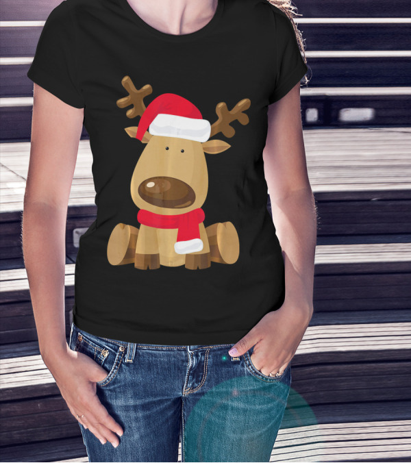 Adorable Festive Reindeer With Santa Hat And Scarf T-Shirt
