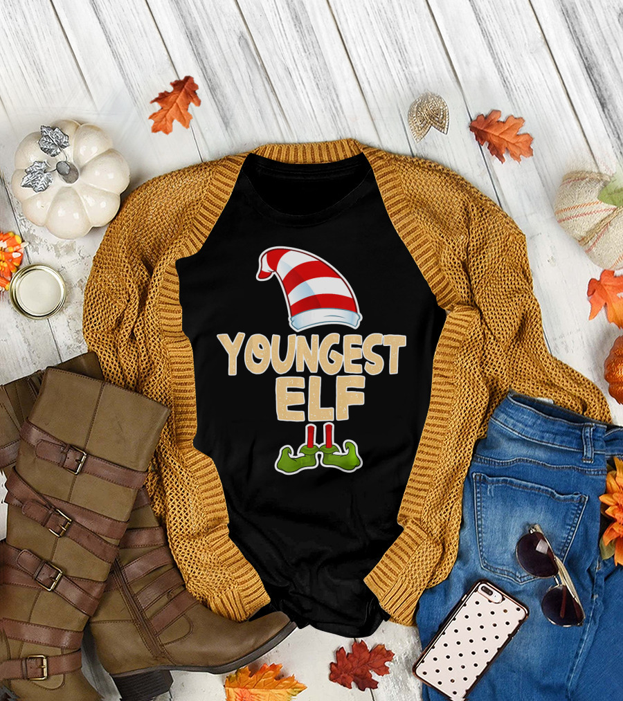 Youngest Elf Hat and Shoes Holiday Humor T-Shirt