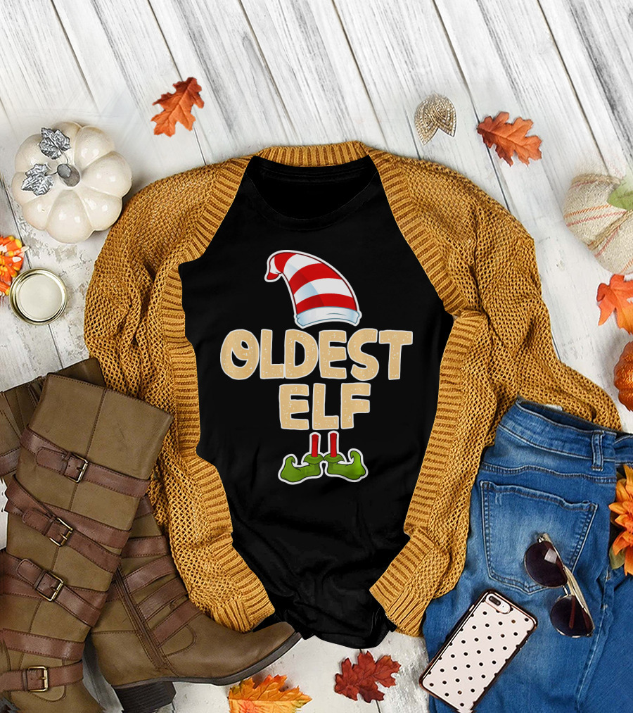 Oldest Elf Santa Hat Striped and Funny Green Shoes T-Shirt