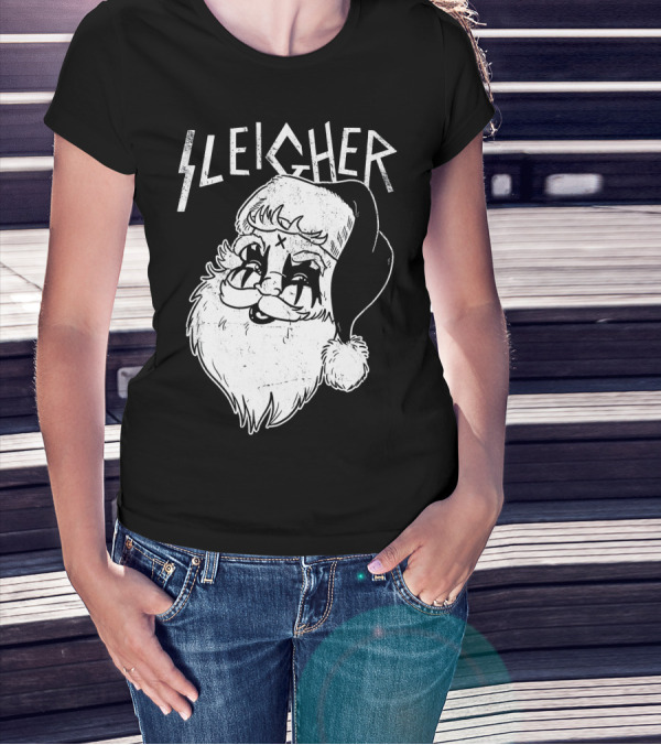 Sleigher Funny Christmas Black Metal Santa T-Shirt