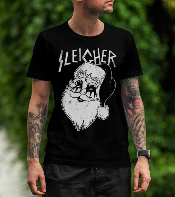 Sleigher Funny Christmas Black Metal Santa T-Shirt