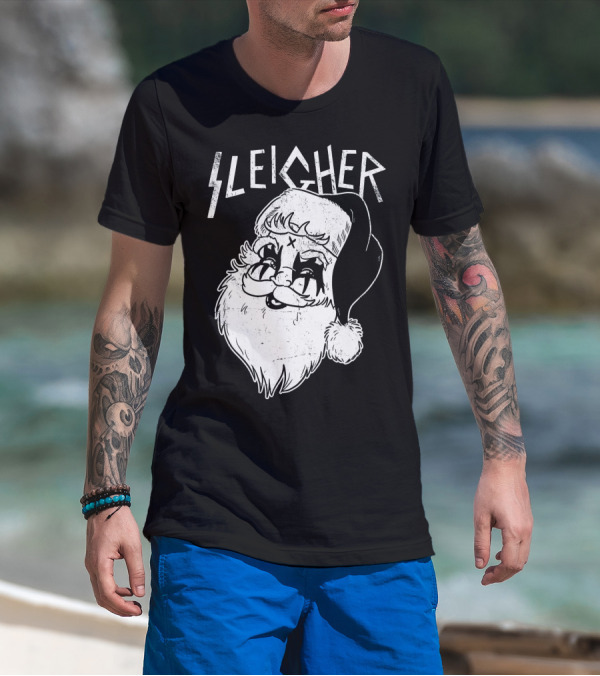 Sleigher Funny Christmas Black Metal Santa T-Shirt