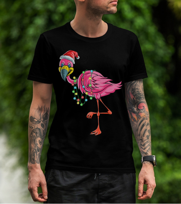 Christmas Flamingo Santa Hat Festive Lights Fun T-Shirt