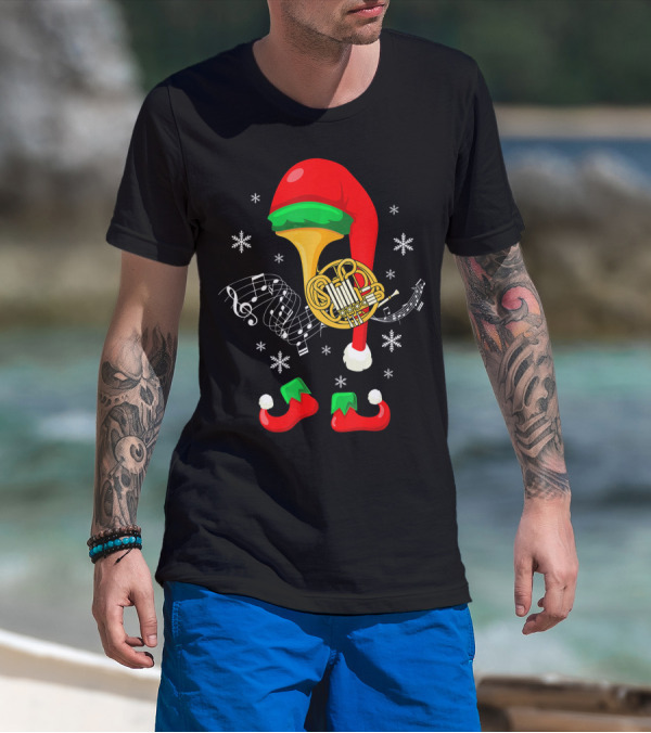 Elf French Horn Music With Christmas Hat And Shoes T-Shirt