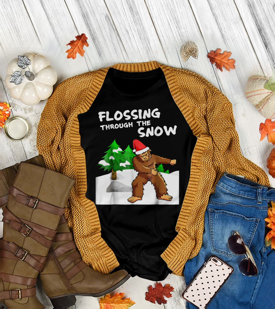 Flossing Through The Snow Bigfoot Santa Hat Winter Scene T-Shirt