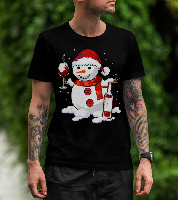 Snowman With Santa Hat And Scarf Holding Wine Glass And Bottle Christmas Drinking T-Shirt