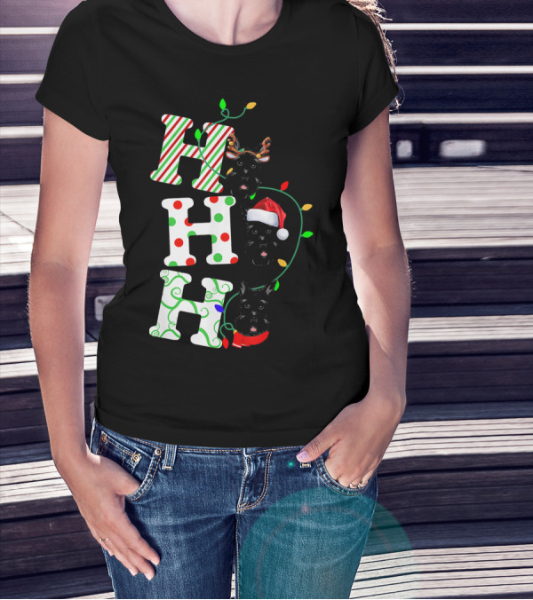 Scottish Terrier Ho Ho Ho Christmas Lights Santa Hat And Antlers T-Shirt
