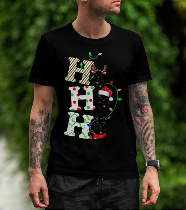 Scottish Terrier Ho Ho Ho Christmas Lights Santa Hat And Antlers T-Shirt