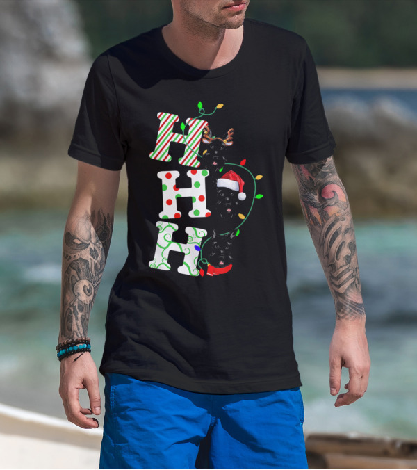Scottish Terrier Ho Ho Ho Christmas Lights Santa Hat And Antlers T-Shirt