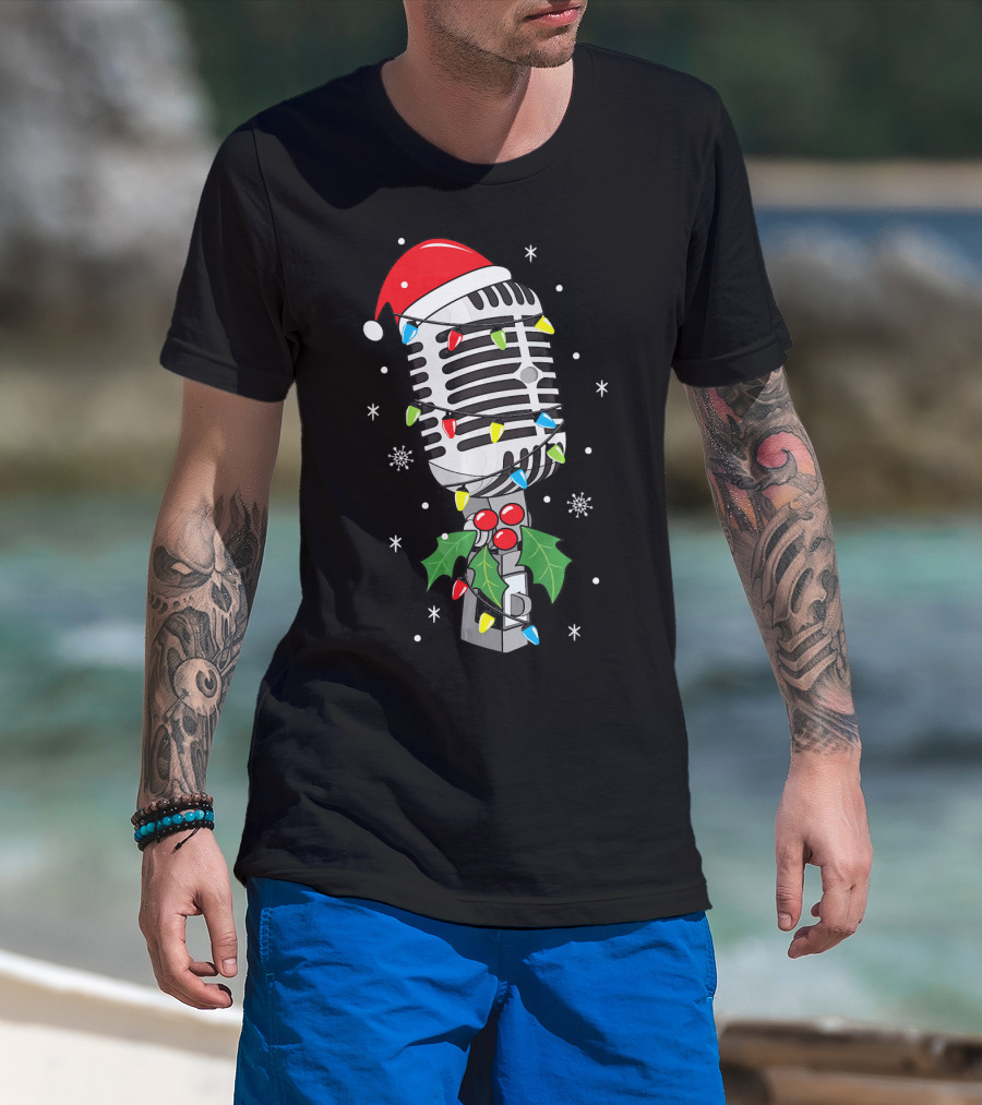 Retro Microphone With Santa Hat And Holiday Lights T-Shirt