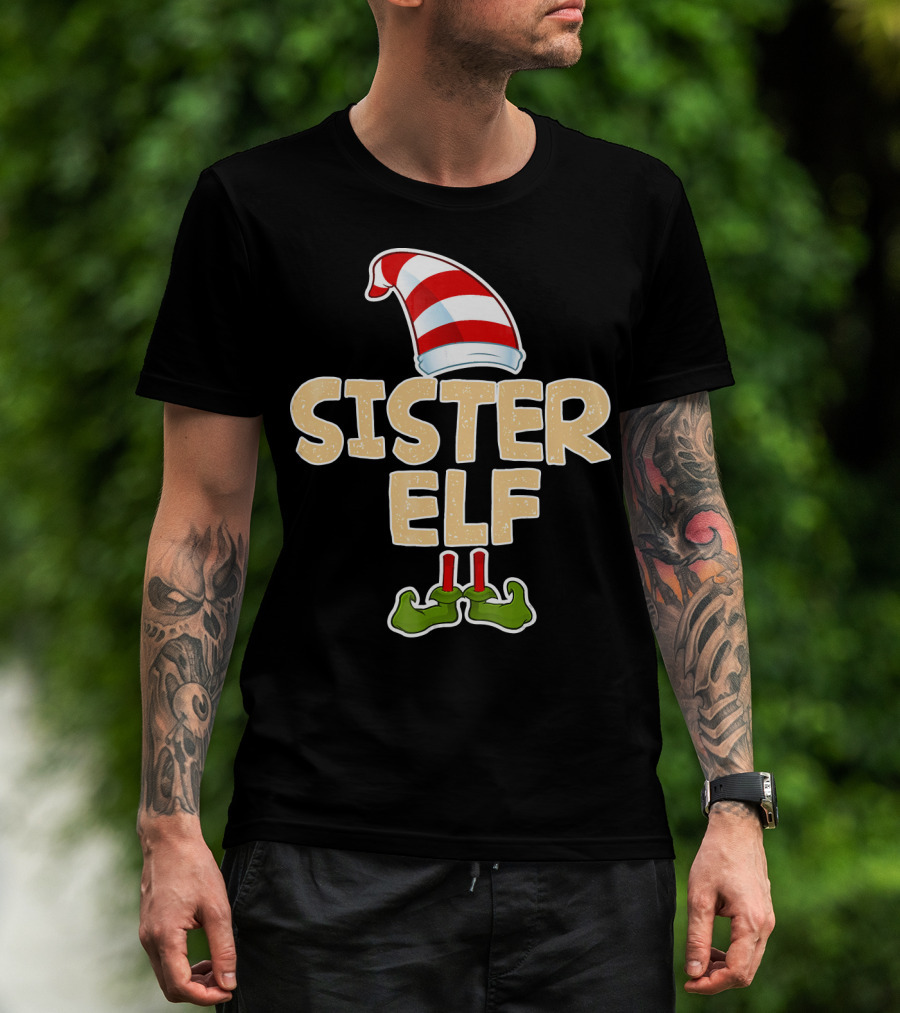 Sister Elf Merry Funny Christmas Hat And Shoes T-Shirt