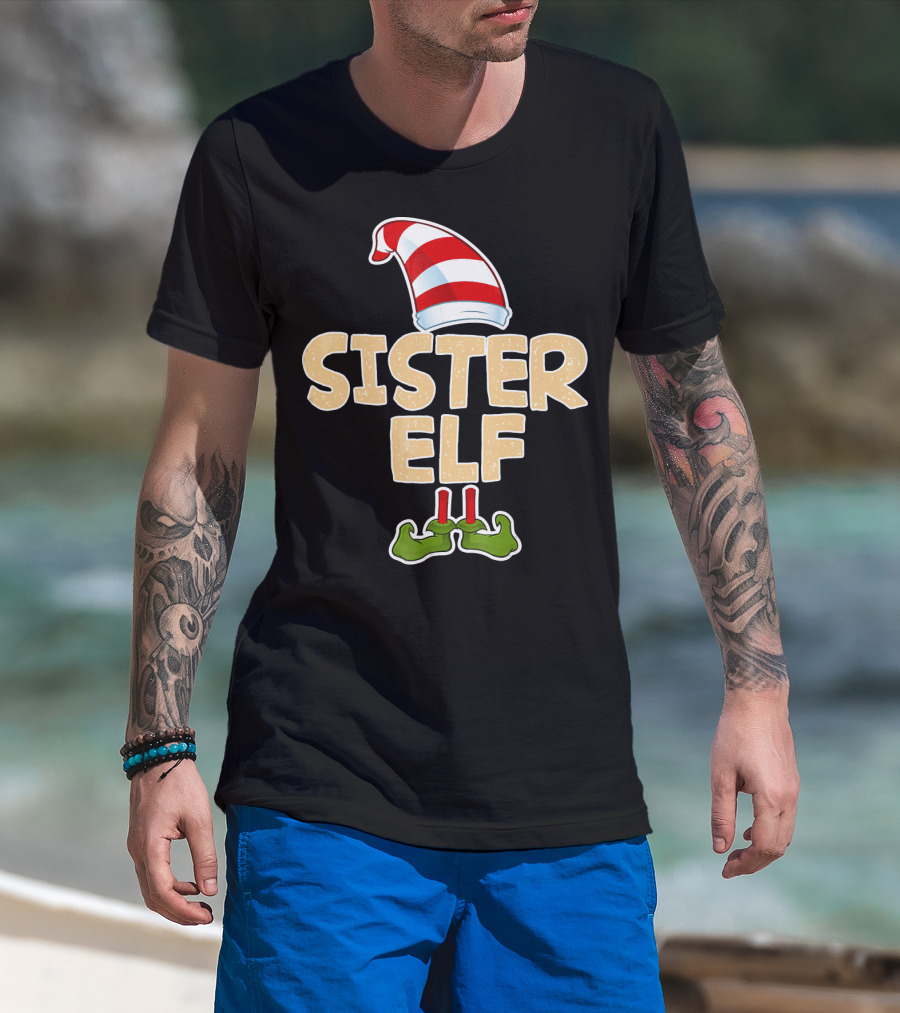 Sister Elf Merry Funny Christmas Hat And Shoes T-Shirt