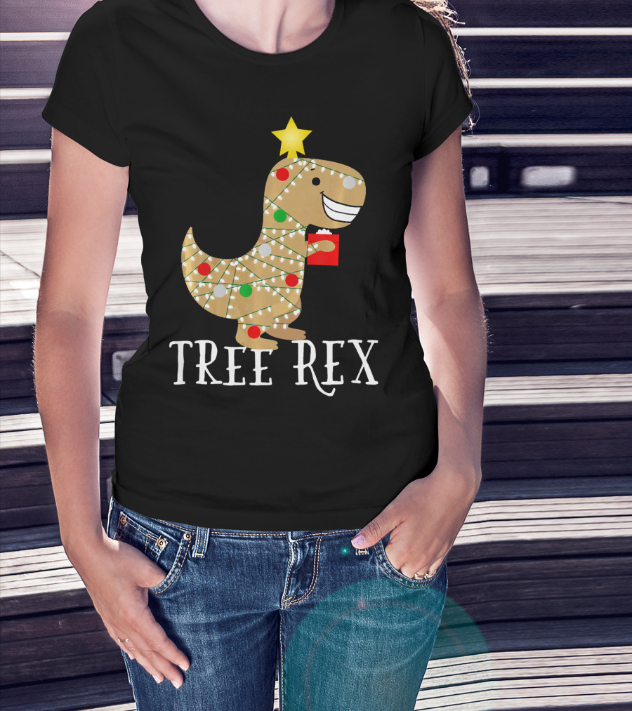 The Original Christmas Tree Rex Dinosaur With Lights And Star T-Shirt
