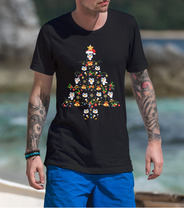 Penguin Christmas Tree Merry Holiday Penguins Santa Hat Ornaments Star Garland T-Shirt