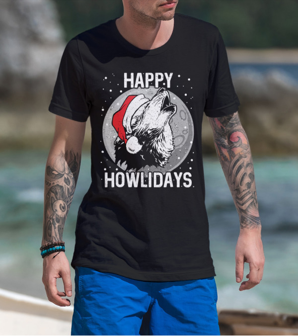 Happy Howlidays Christmas Wolf Santa Hat Moon T-Shirt