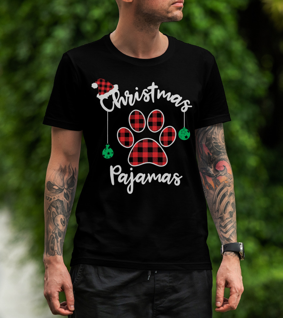 Christmas Pajamas Buffalo Plaid Santa Hat Paw Prints T-Shirt