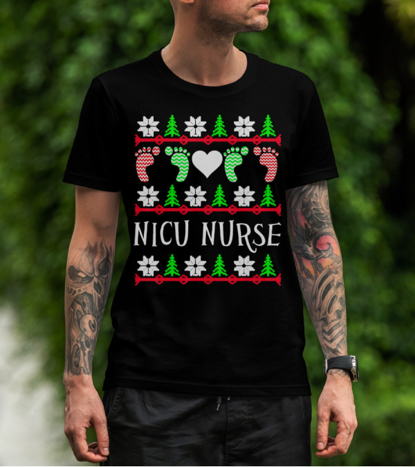 NICU Nurse Christmas Baby Feet Heart Trees T-Shirt