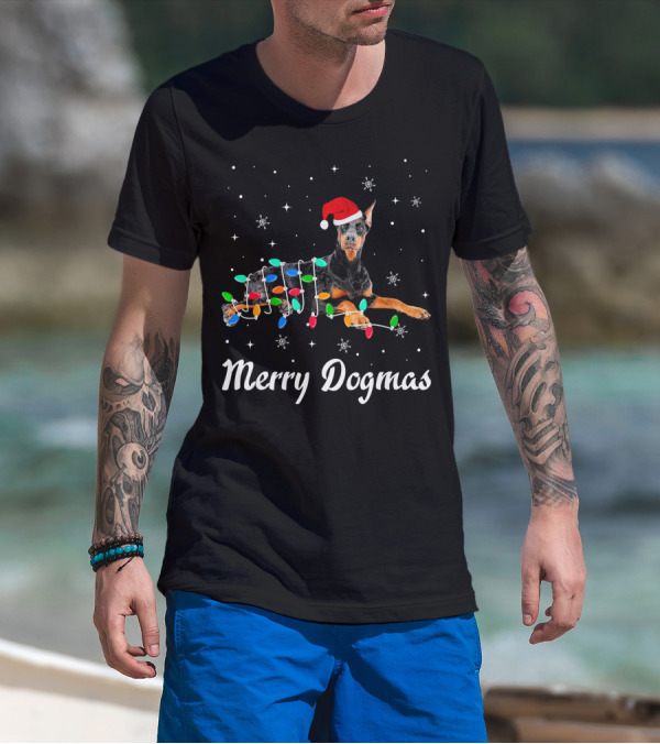 Merry Dogmas Christmas Doberman With Santa Hat And Festive Lights T-Shirt