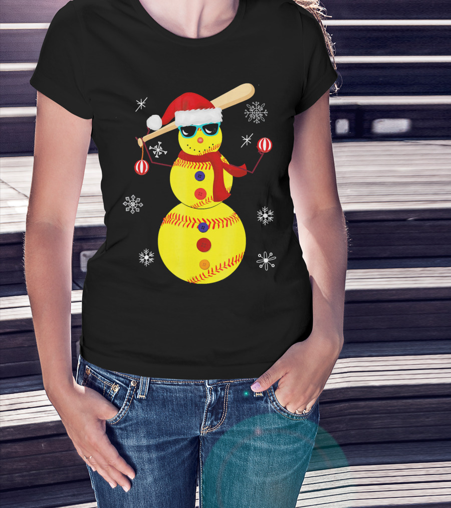 Christmas Softball Snowman With Bat And Santa Hat T-Shirt