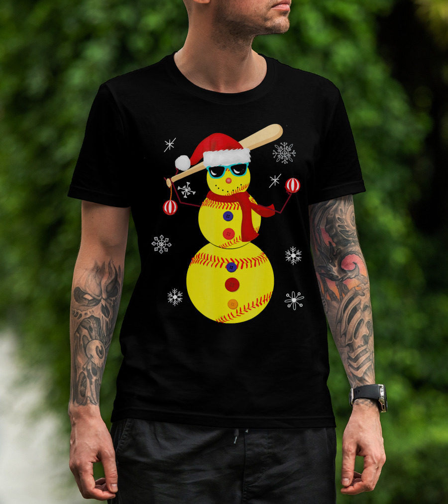 Christmas Softball Snowman With Bat And Santa Hat T-Shirt