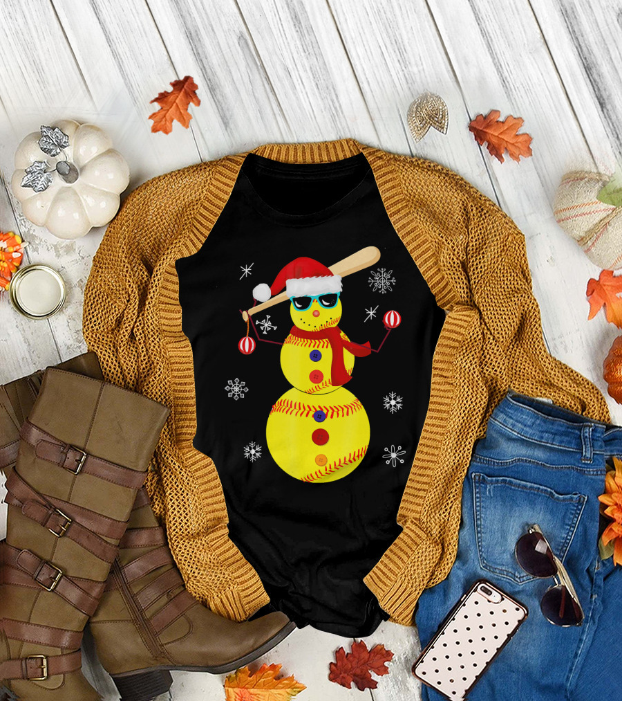 Christmas Softball Snowman with Bat and Santa Hat T-Shirt