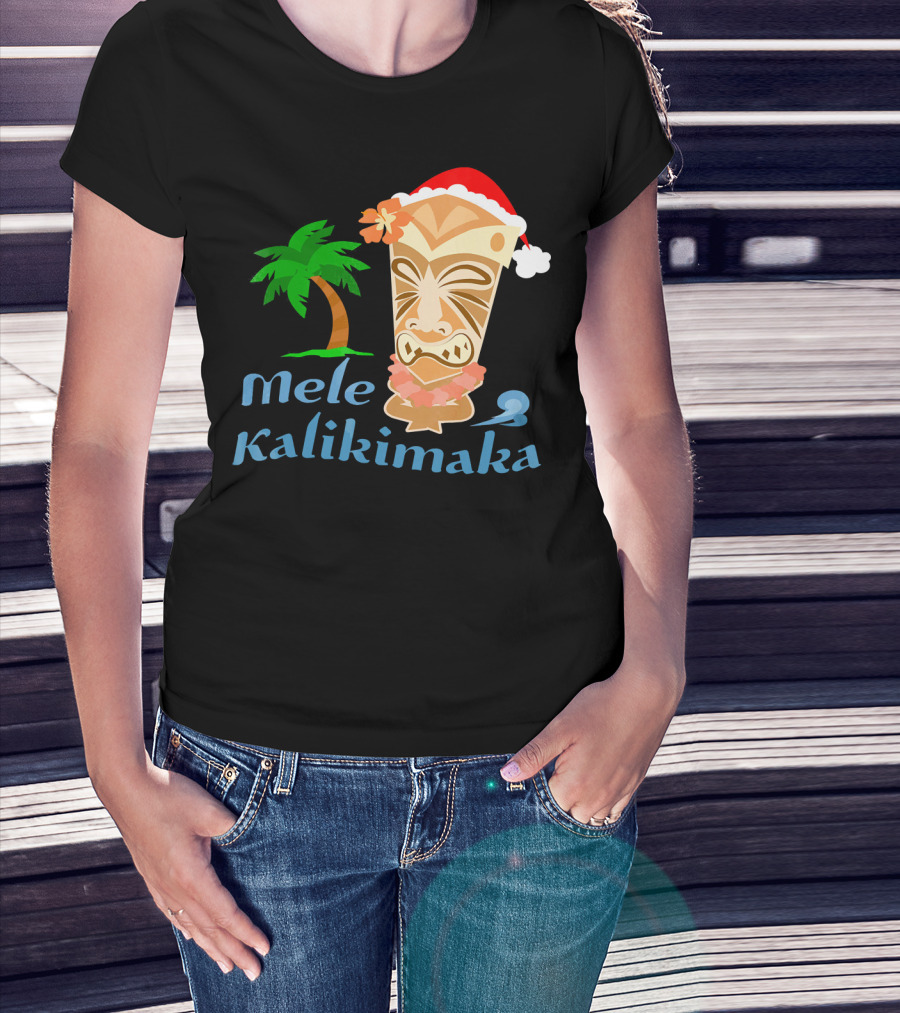 Mele Kalikimaka Hawaiian Christmas Tiki With Palm Tree And Santa Hat T-Shirt