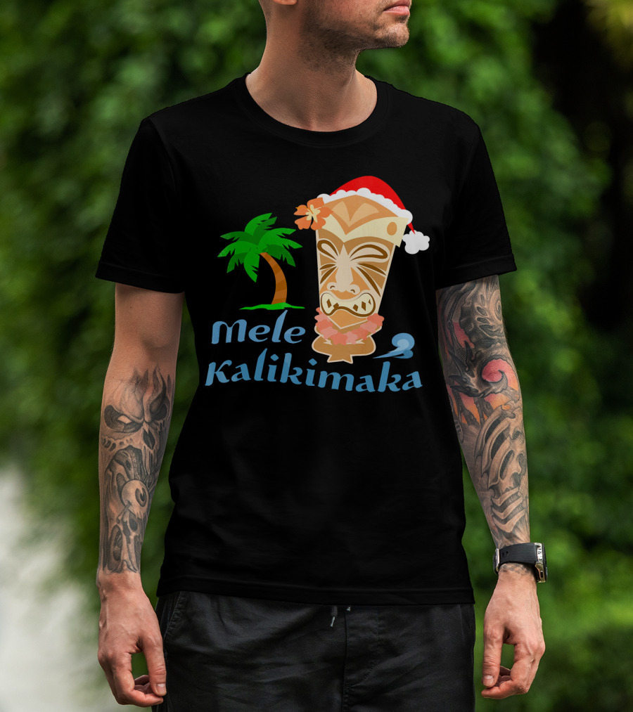 Mele Kalikimaka Hawaiian Christmas Tiki With Palm Tree And Santa Hat T-Shirt