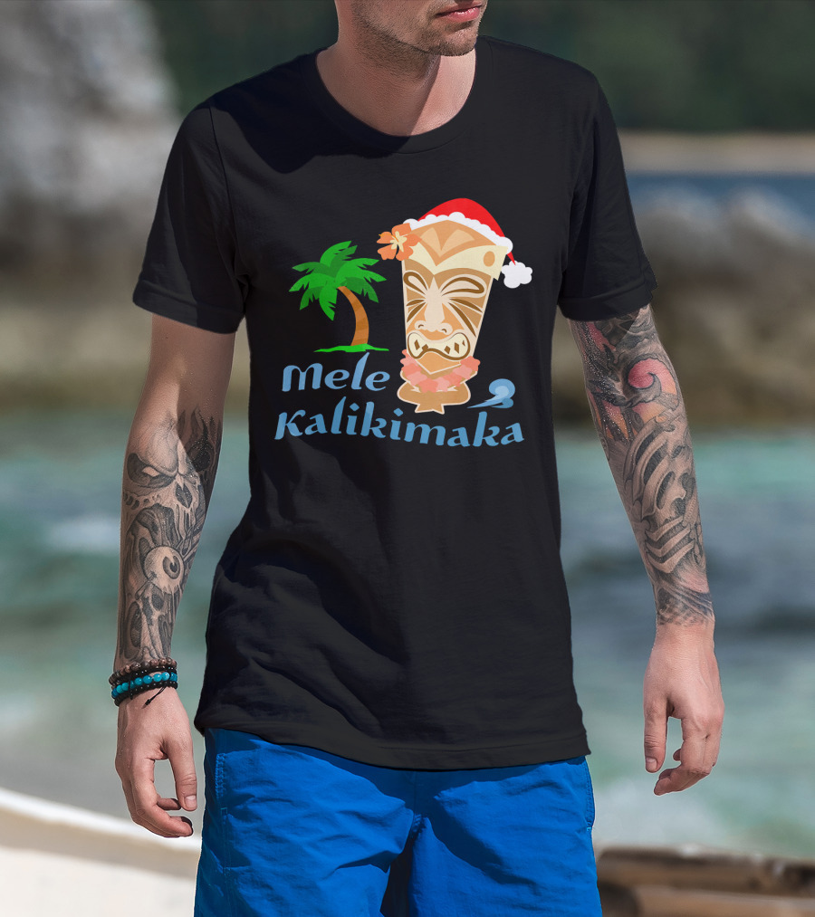 Mele Kalikimaka Hawaiian Christmas Tiki With Palm Tree And Santa Hat T-Shirt