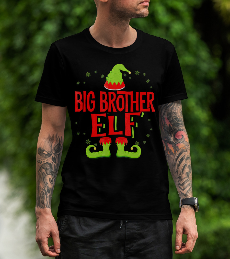 Big Brother Elf Christmas Outfit With Green Hat And Shoes T-Shirt