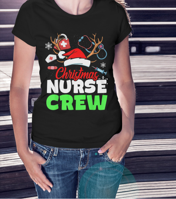 Christmas Nurse Crew Reindeer Antlers Stethoscope Santa Hat Snowflakes T-Shirt
