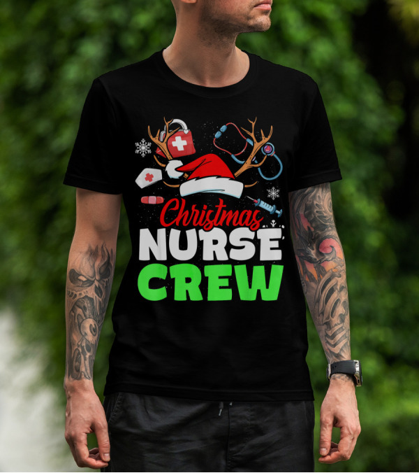 Christmas Nurse Crew Reindeer Antlers Stethoscope Santa Hat Snowflakes T-Shirt