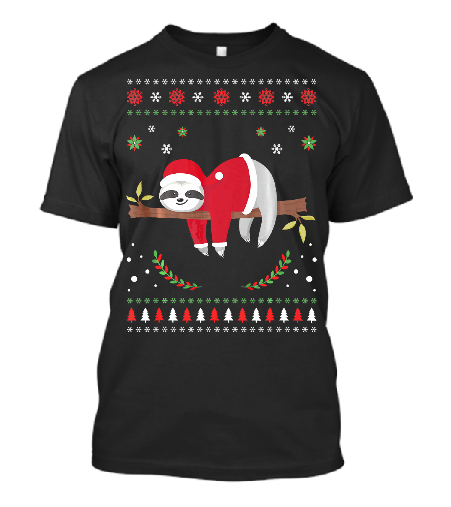 Sloth Christmas Holiday Sloth Santa Hat Snowflakes Festive Tree T-Shirt