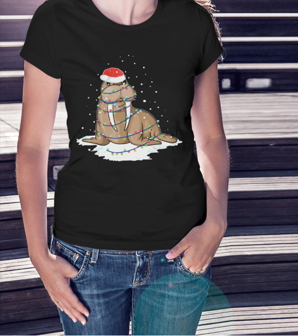 Walrus Wrapped In Christmas Lights With Santa Hat On Snow T-Shirt