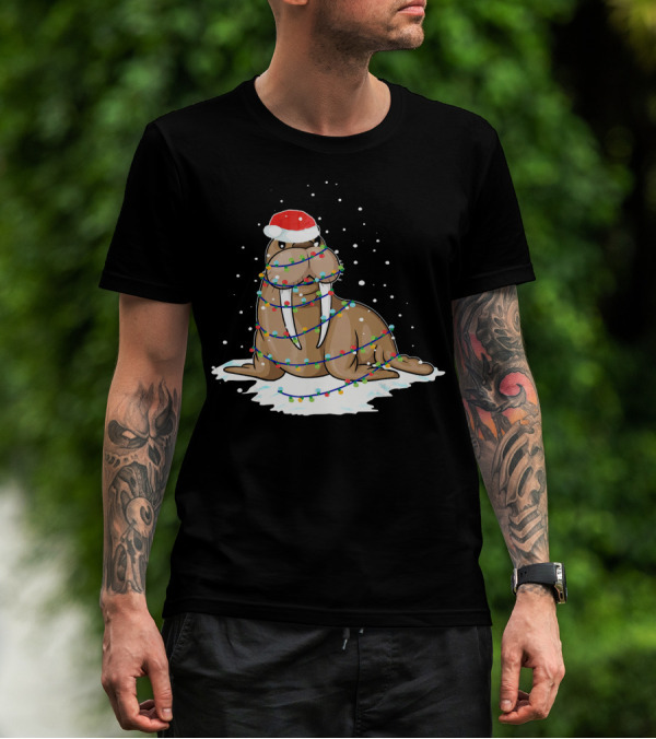 Walrus Wrapped In Christmas Lights With Santa Hat On Snow T-Shirt