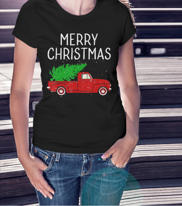 Merry Christmas Vintage Red Truck With Tree T-Shirt