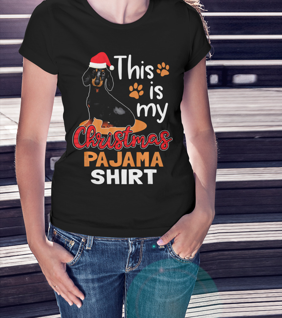 This Is My Christmas Pajama Shirt Dachshund Santa Hat Paw Prints T-Shirt