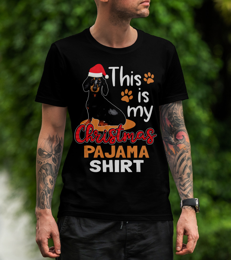 This Is My Christmas Pajama Shirt Dachshund Santa Hat Paw Prints T-Shirt