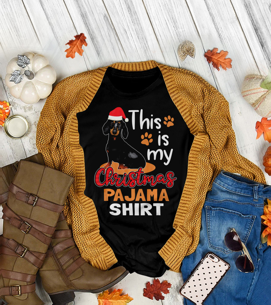 This Is My Christmas Pajama Shirt Dachshund Santa Hat Paw Prints T-Shirt