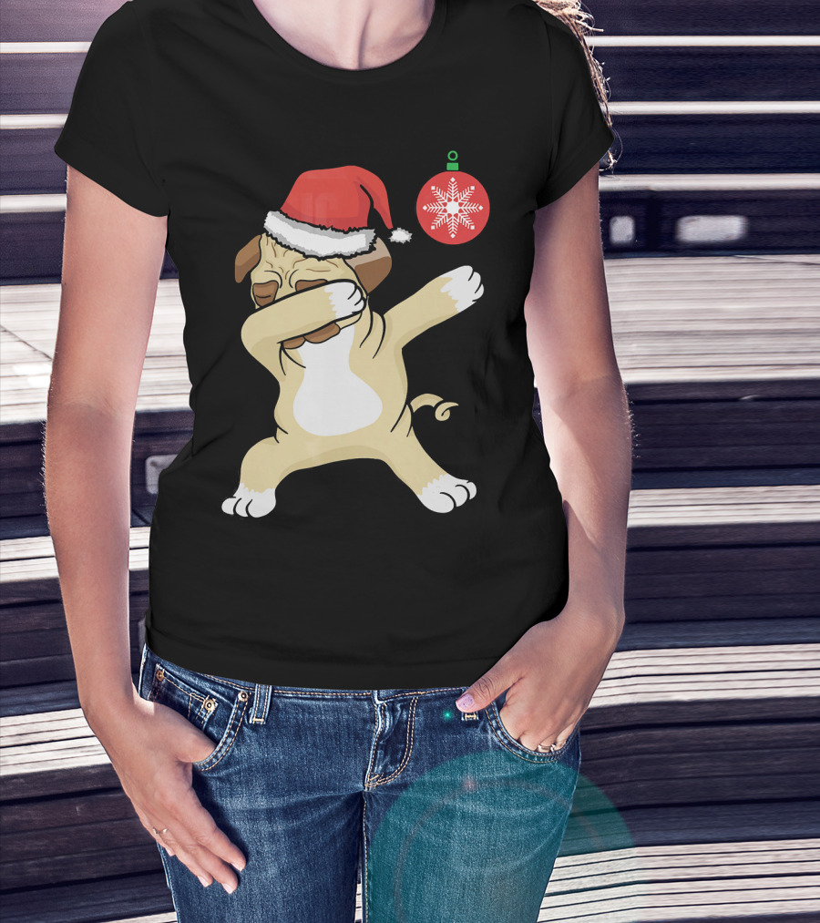 Christmas Pug Dabbing With Santa Hat And Red T-Shirt
