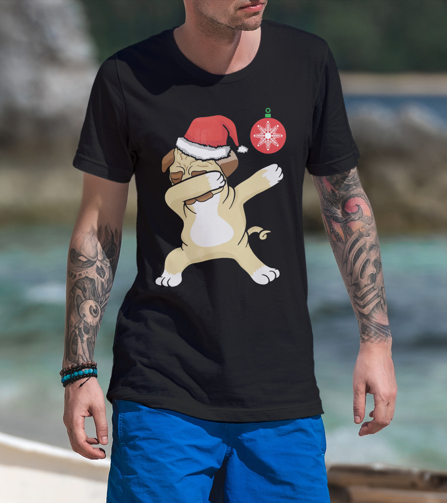Christmas Pug Dabbing With Santa Hat And Red T-Shirt